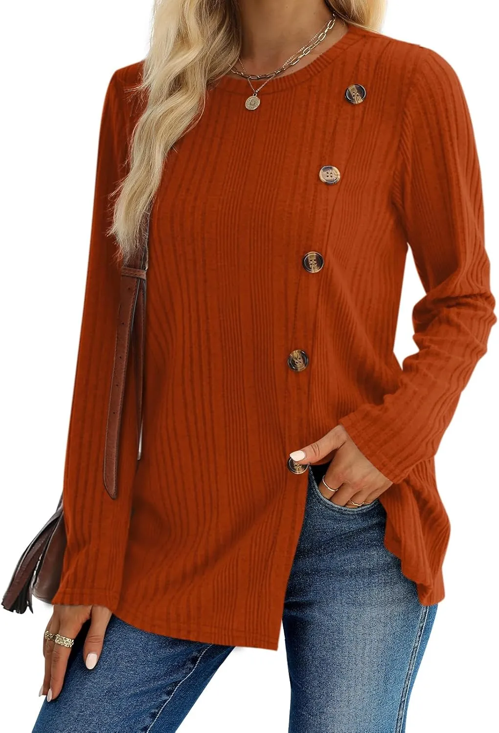 XIEERDUO Long Sleeve Tops for Women Tunics Buttons Front Slit