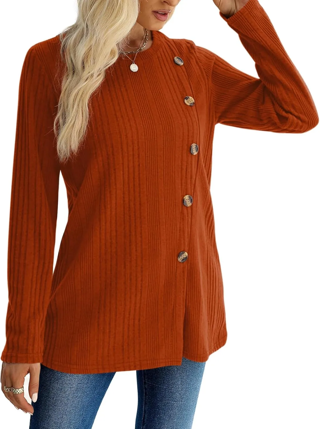 XIEERDUO Long Sleeve Tops for Women Tunics Buttons Front Slit