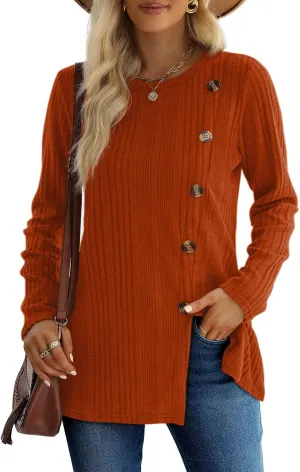 XIEERDUO Long Sleeve Tops for Women Tunics Buttons Front Slit