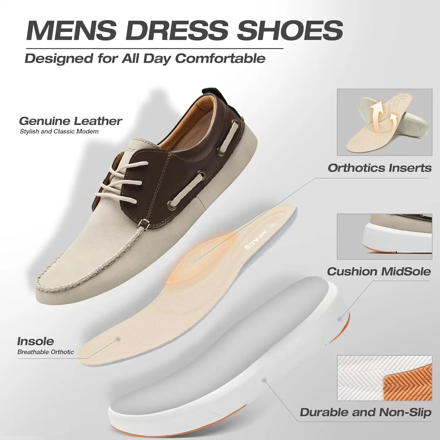 XPACS Men's Orthopedic Leather Dress Walking Shoes: Comfortable Plantar Fasciitis Arch Support Flat Feet Fashion Sneakers, Orthotic Casual Business Work Tennis Oxfords for Heel Foot Pain Relief