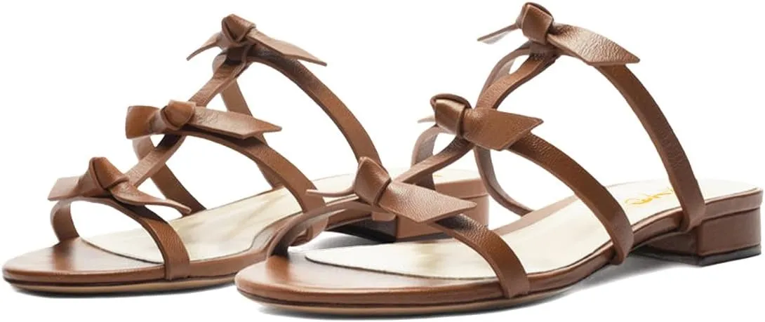 XYD Women Open Toe Strappy Flat Sandals Multi Knots Crossover Straps Slip-on Low Heel Slides Summer Cute Daily Shoes