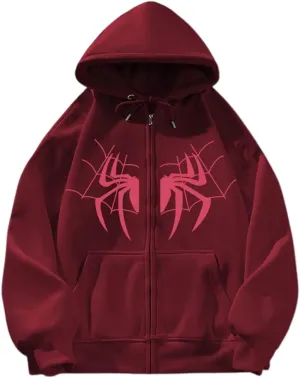 Y2k Spider Print Hoodies Hip Hop Zipper Long Sleeve Jacket Coats Harajuku Casual Loose Hooded Sweatshirt