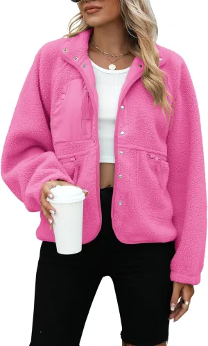 Yanekop Womens Fleece Jacket Fuzzy Long Sleeve Short Coats Button Down Sherpa Outerwear with Pockets