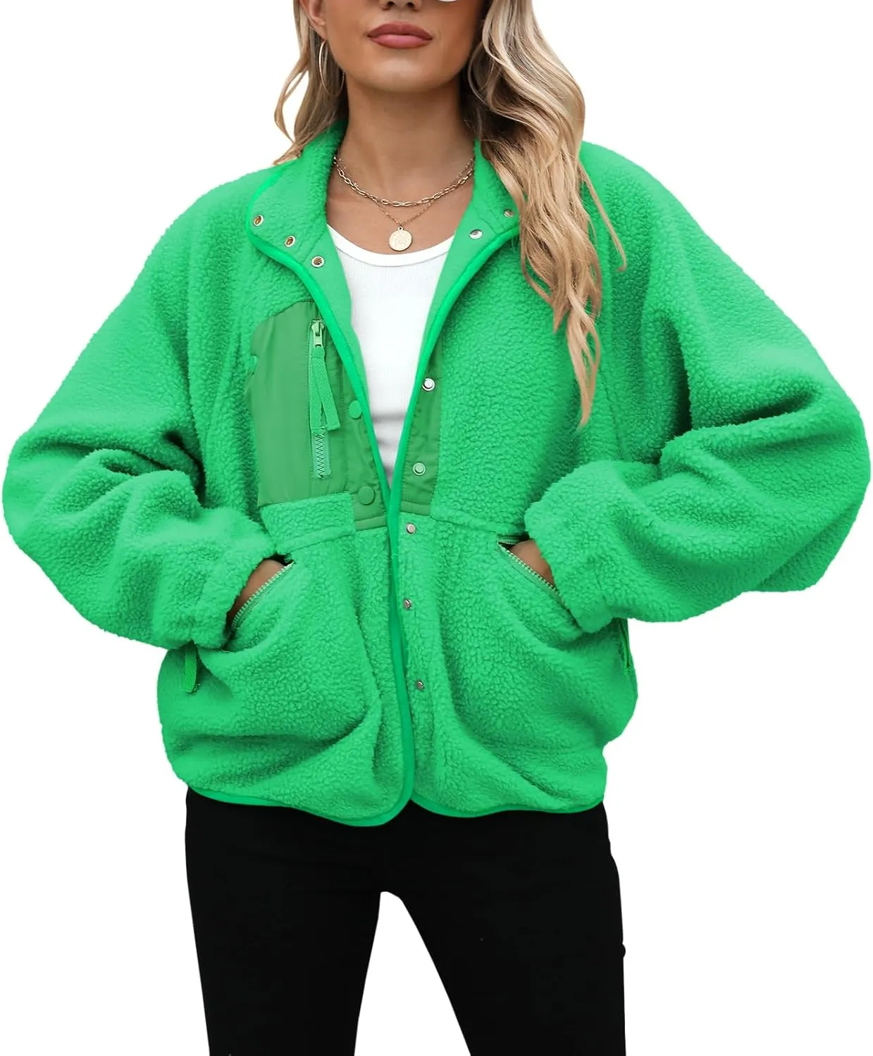 Yanekop Womens Fleece Jacket Fuzzy Long Sleeve Short Coats Button Down Sherpa Outerwear with Pockets