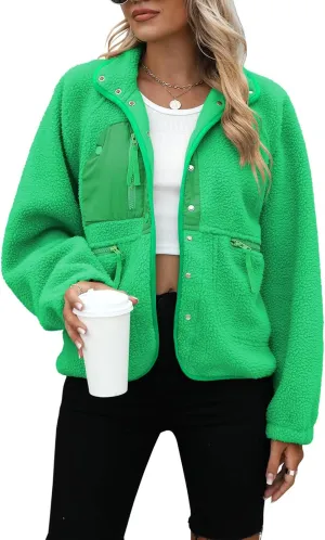 Yanekop Womens Fleece Jacket Fuzzy Long Sleeve Short Coats Button Down Sherpa Outerwear with Pockets