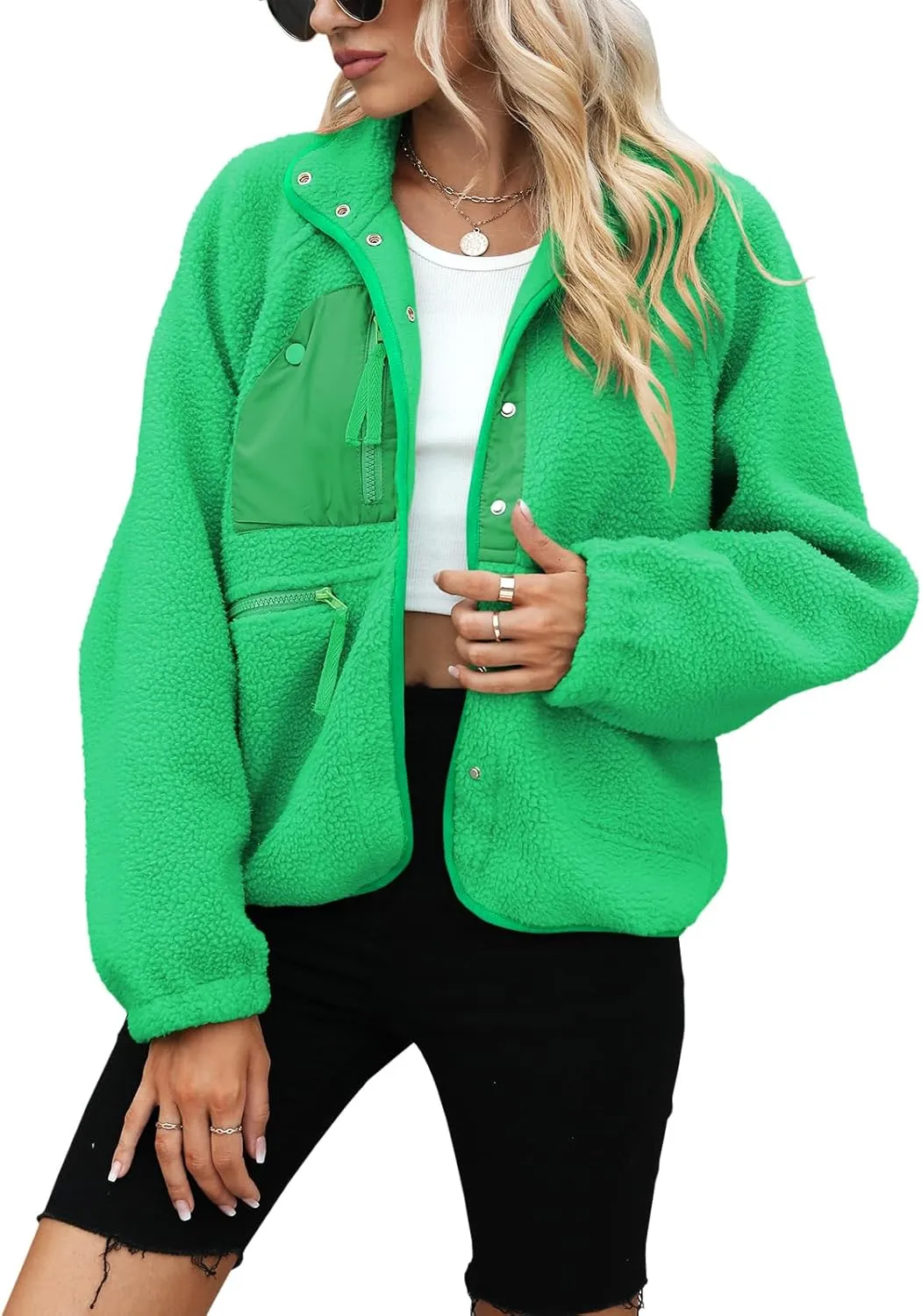 Yanekop Womens Fleece Jacket Fuzzy Long Sleeve Short Coats Button Down Sherpa Outerwear with Pockets