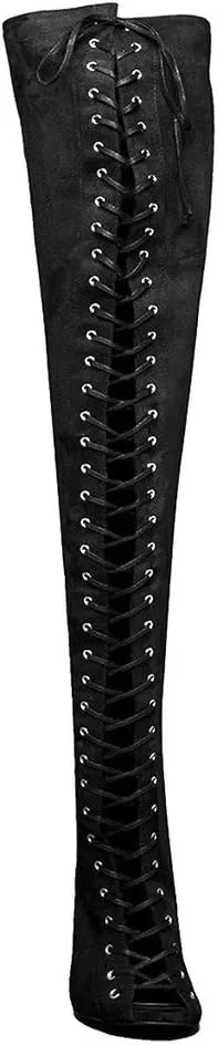 YDN Women Peep Toe Thigh High Heel Boots Stiletto Lace-up Suede Winter Shoes with Zipper
