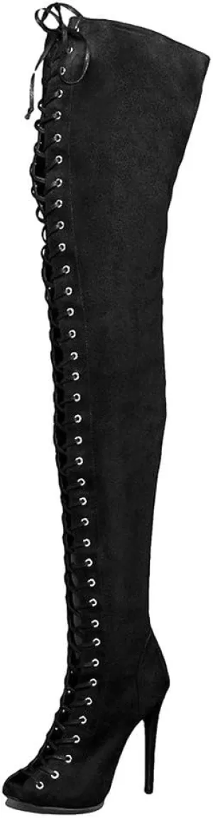 YDN Women Peep Toe Thigh High Heel Boots Stiletto Lace-up Suede Winter Shoes with Zipper