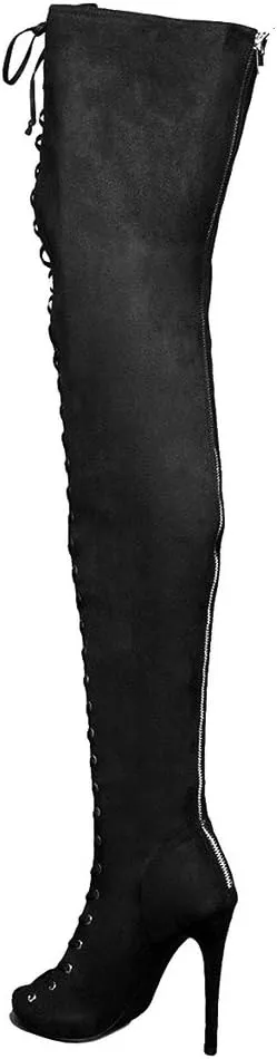 YDN Women Peep Toe Thigh High Heel Boots Stiletto Lace-up Suede Winter Shoes with Zipper