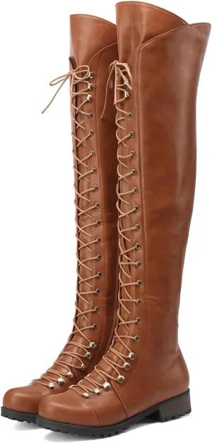 Yishaweiqi Over The Knee High Boots Lace-up Flat Long Boot PU Leather Riding boot