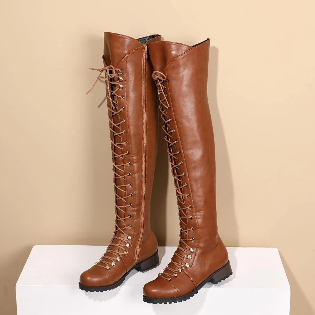 Yishaweiqi Over The Knee High Boots Lace-up Flat Long Boot PU Leather Riding boot