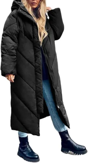 Yousify Women's Hooded Long Puffer Coat Winter Longer Thickened Down Jacket Zip Cotton Outwear