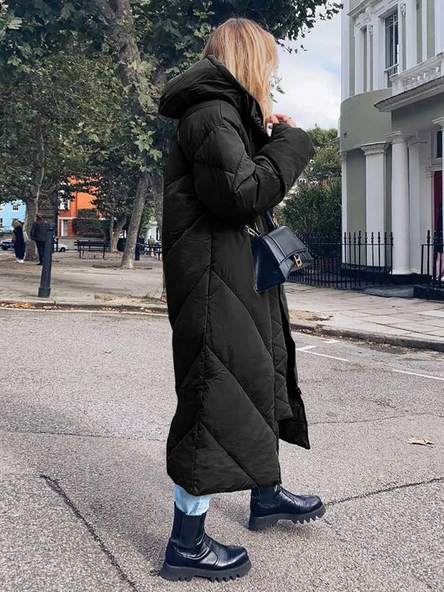 Yousify Women's Hooded Long Puffer Coat Winter Longer Thickened Down Jacket Zip Cotton Outwear