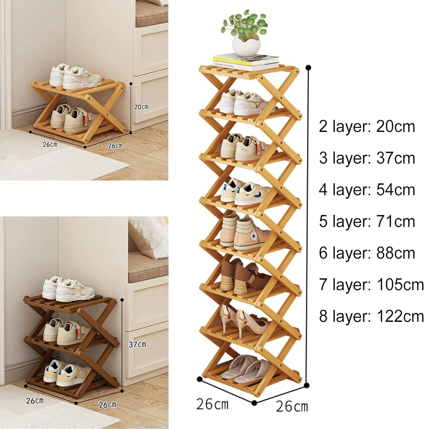YYW Shoe Rack, Foldable Bamboo Shoes Shelf, Freestanding Shoe Storage Organiser for Entryway, Hallway, Bedroom, Closet (Brown, 7 Layers)