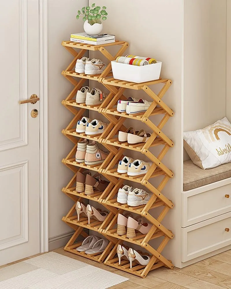 YYW Shoe Rack, Foldable Bamboo Shoes Shelf, Freestanding Shoe Storage Organiser for Entryway, Hallway, Bedroom, Closet (Brown, 7 Layers)