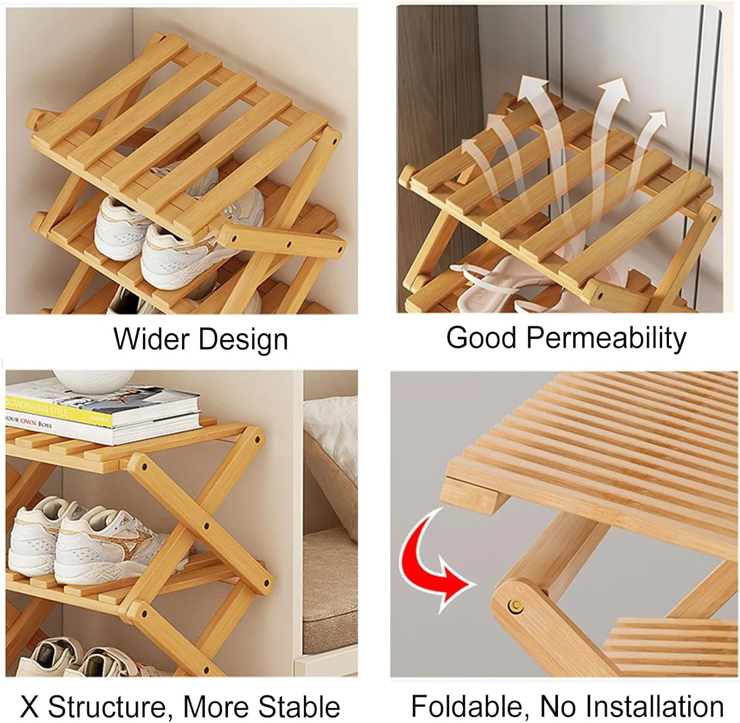 YYW Shoe Rack, Foldable Bamboo Shoes Shelf, Freestanding Shoe Storage Organiser for Entryway, Hallway, Bedroom, Closet (Brown, 7 Layers)