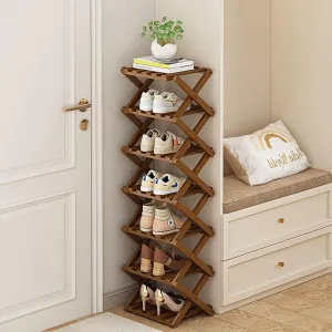YYW Shoe Rack, Foldable Bamboo Shoes Shelf, Freestanding Shoe Storage Organiser for Entryway, Hallway, Bedroom, Closet (Brown, 7 Layers)