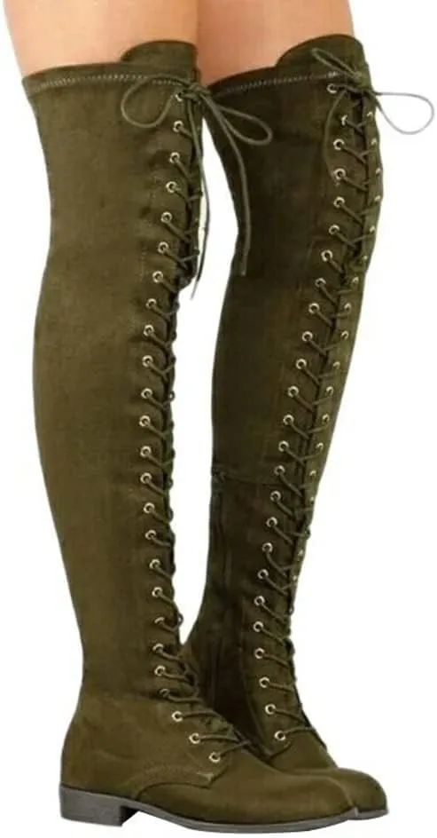 ZBYY Women's Over The Knee Low Heel Lace Up Tall Boots Fashion Side Zipper Thigh High Stretchy Boots Casual Riding Booties