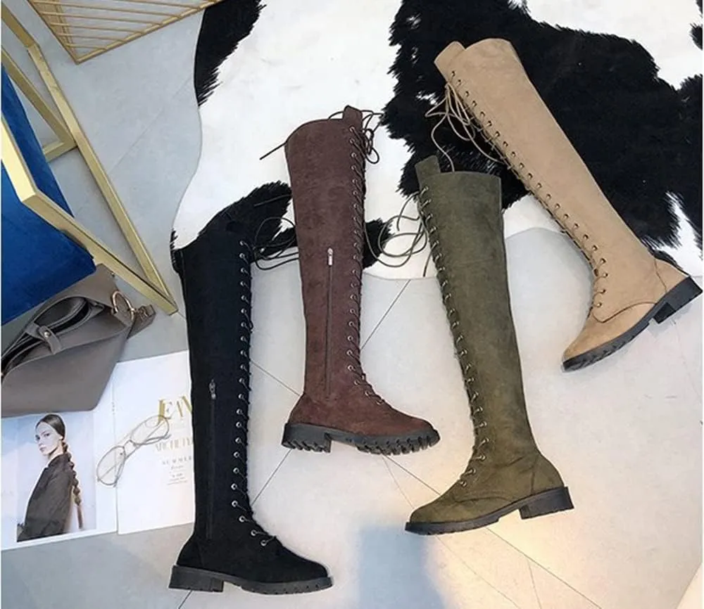 ZBYY Women's Over The Knee Low Heel Lace Up Tall Boots Fashion Side Zipper Thigh High Stretchy Boots Casual Riding Booties
