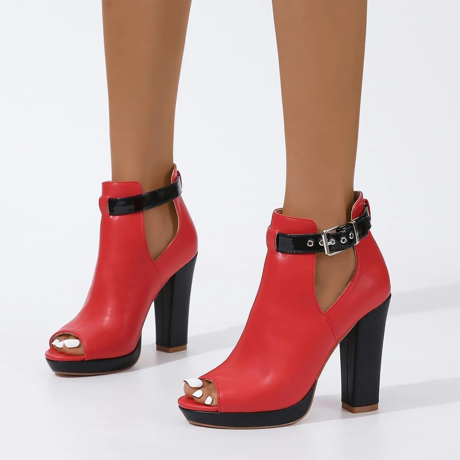ZDLJYL Women's Open Peep Toe Booties Cutout Side Strap Mid Black Chunky Heel Fashion Ankle Bootie Summer Travel Sandals for Women
