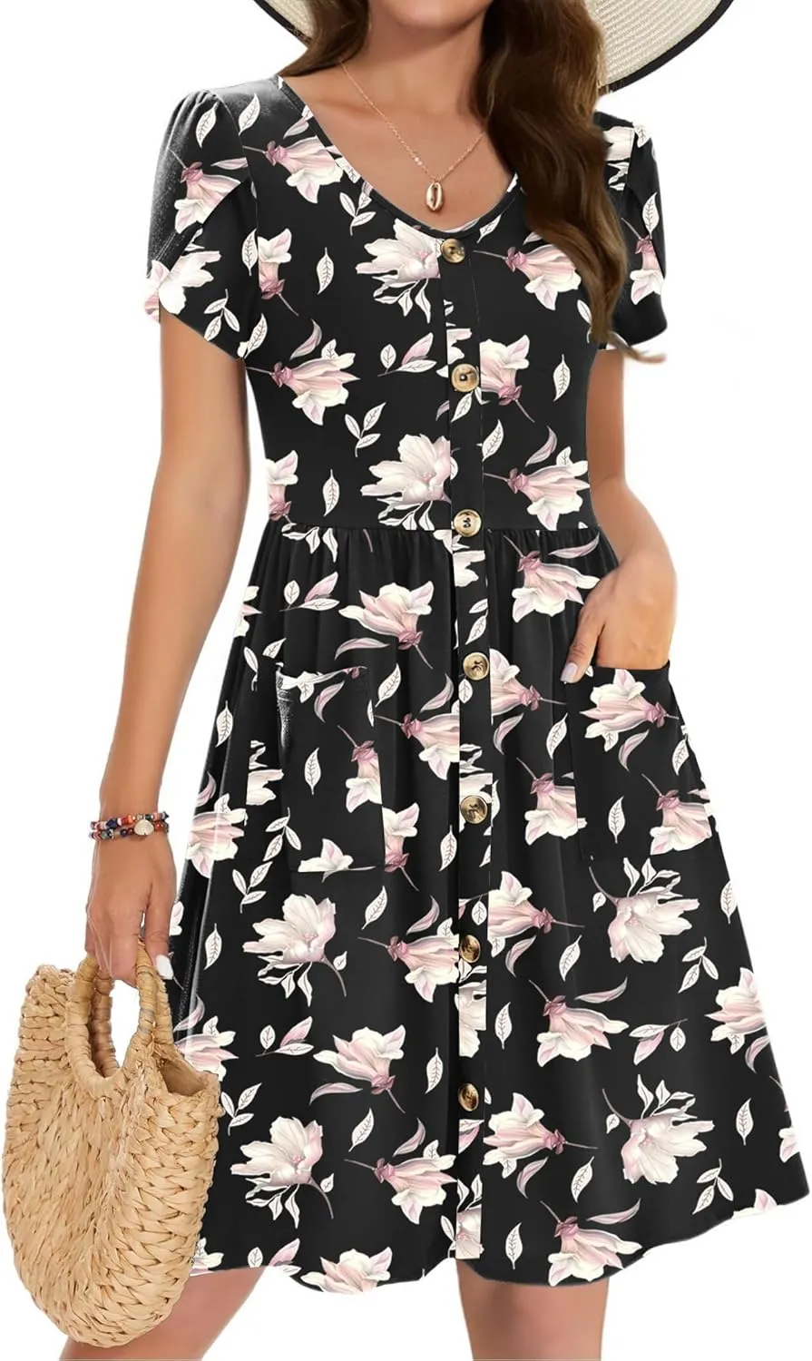 Zeagoo Womens Summer Dress Mini Petal Short Sleeve Dresses Pleated Button Down V Neck Floral Beach Swing Vacation Dress 2025