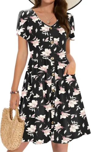Zeagoo Womens Summer Dress Mini Petal Short Sleeve Dresses Pleated Button Down V Neck Floral Beach Swing Vacation Dress 2025