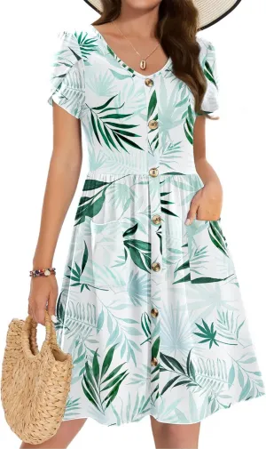 Zeagoo Womens Summer Dress Mini Petal Short Sleeve Dresses Pleated Button Down V Neck Floral Beach Swing Vacation Dress 2025