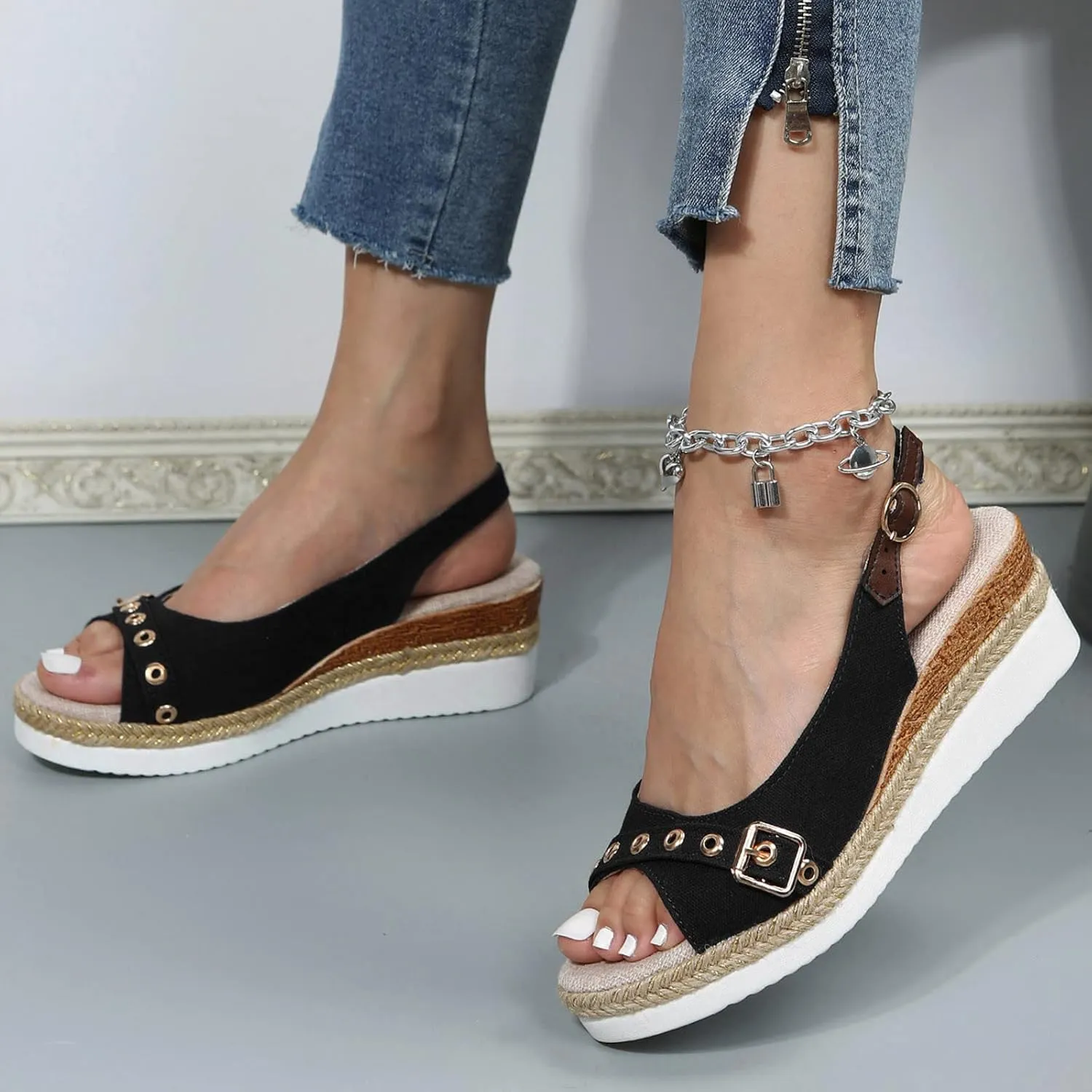 ZSpzx Espadrilles Wedge Sandals for Women 2025 Orthopedic Dressy Summer Walking Slippers Arch Support Platform Sandal Womens Comfortable Open Toe Ankle Strap Boho Casual Slip on Beach Shoes