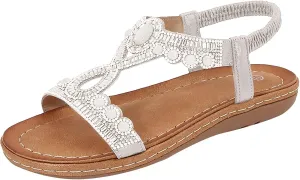ZSpzx Wedge Sandals For Women Platform Wedges Heels Comfortable Women's T-Strap Sandal Open Toe Rhinestone Beaded Slip-On Dressy Flat Low Heel Elastic Strap Summer Womens Bohe Walking Beach Shoes