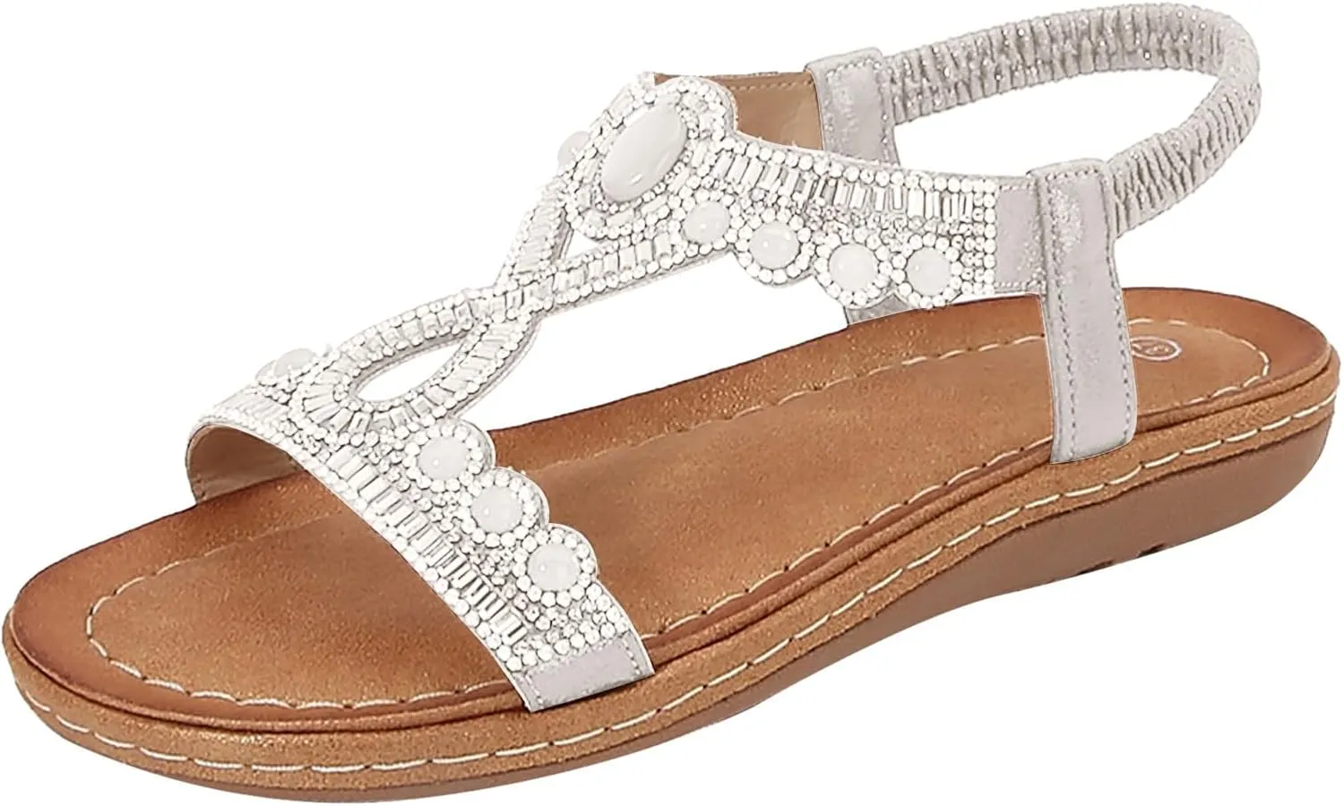 ZSpzx Wedge Sandals For Women Platform Wedges Heels Comfortable Women's T-Strap Sandal Open Toe Rhinestone Beaded Slip-On Dressy Flat Low Heel Elastic Strap Summer Womens Bohe Walking Beach Shoes