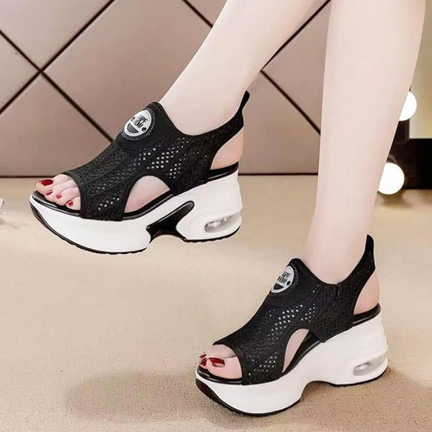 ZSpzx Women Wedge Sandals 2025,Breathable Comfortable Mesh Sneakers Fashion Summer Peep Toe Vacation Slippers Arch Support Plantar Fasciitis Ladies Dress Indoor/Outdoor Slip-On Casual Shoe Daily Wear