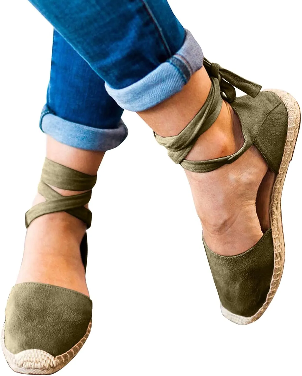 ZSpzx Women's Closed Toe Elastic Ankle Strap Espadrilles Wedge Sandals Womens Summer Espadrille Heel Platform Sandals Ankle Buckle Shoes Lace up Dressy Shoes Strappy Flat Sandals