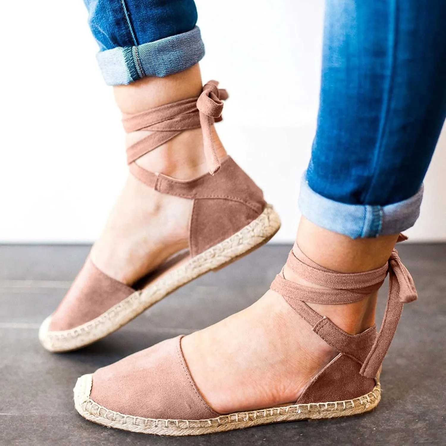 ZSpzx Women's Closed Toe Elastic Ankle Strap Espadrilles Wedge Sandals Womens Summer Espadrille Heel Platform Sandals Ankle Buckle Shoes Lace up Dressy Shoes Strappy Flat Sandals