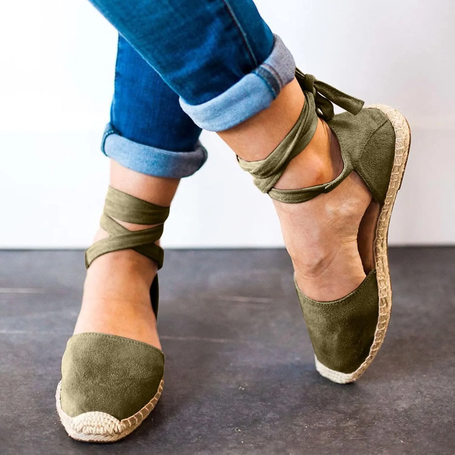ZSpzx Women's Closed Toe Elastic Ankle Strap Espadrilles Wedge Sandals Womens Summer Espadrille Heel Platform Sandals Ankle Buckle Shoes Lace up Dressy Shoes Strappy Flat Sandals