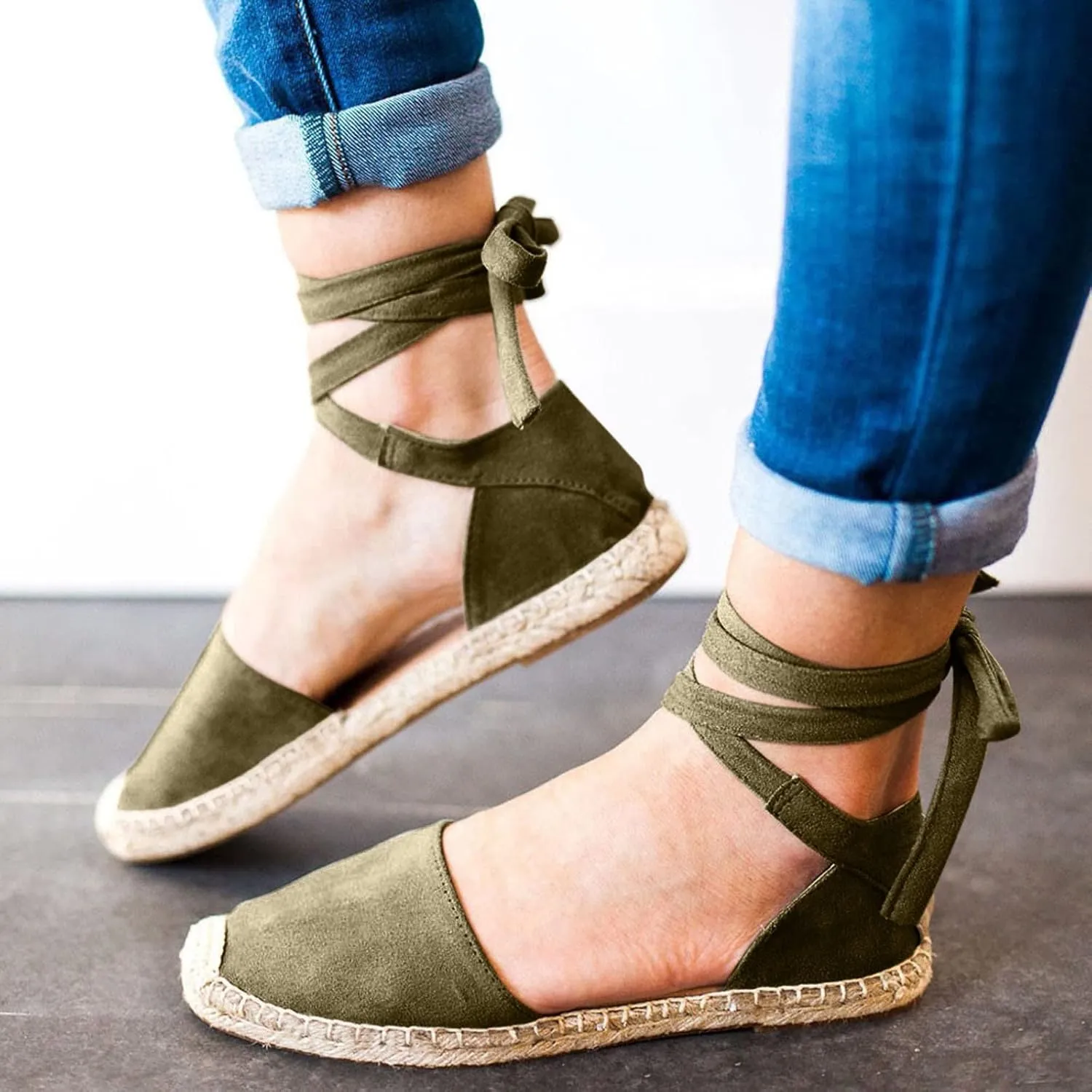 ZSpzx Women's Closed Toe Elastic Ankle Strap Espadrilles Wedge Sandals Womens Summer Espadrille Heel Platform Sandals Ankle Buckle Shoes Lace up Dressy Shoes Strappy Flat Sandals