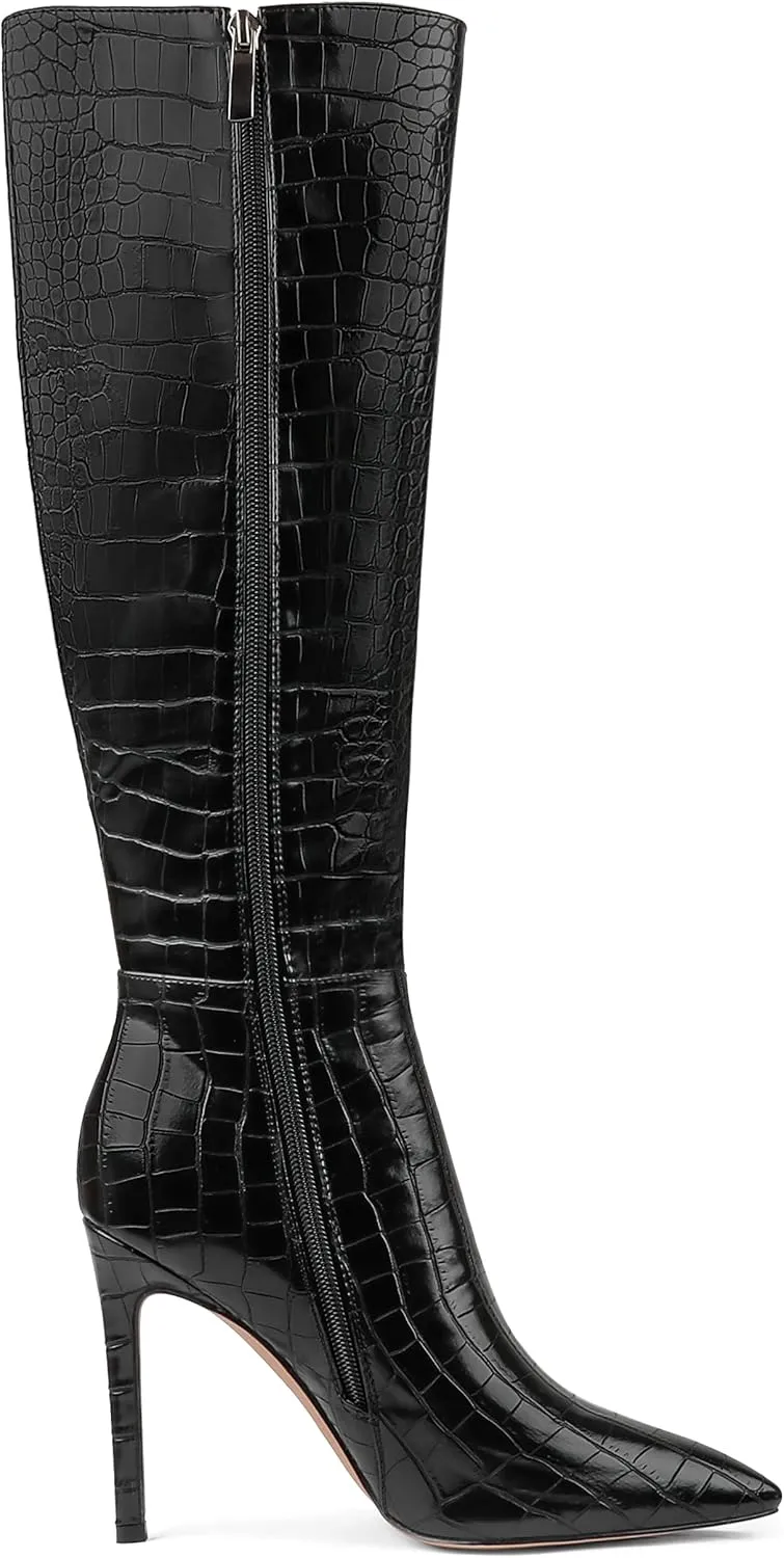 Zzheels Women's Knee High Boots Buckle Stiletto Boots Pointed Toe Side Zipper Heels Winter Party Dress Shoes