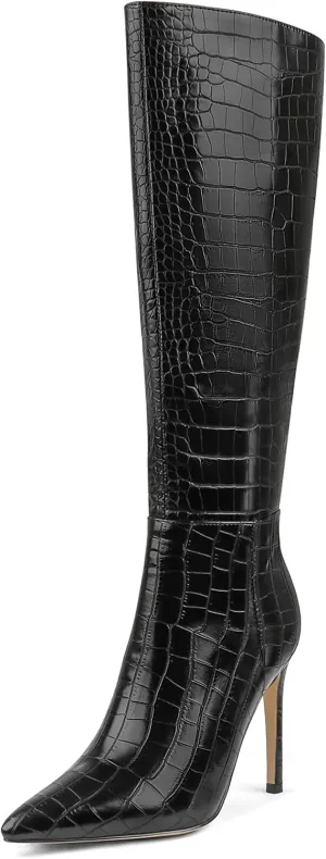 Zzheels Women's Knee High Boots Buckle Stiletto Boots Pointed Toe Side Zipper Heels Winter Party Dress Shoes