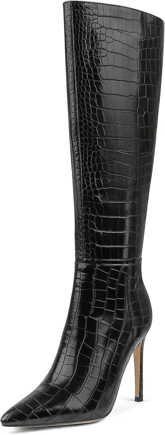 Zzheels Women's Knee High Boots Buckle Stiletto Boots Pointed Toe Side Zipper Heels Winter Party Dress Shoes