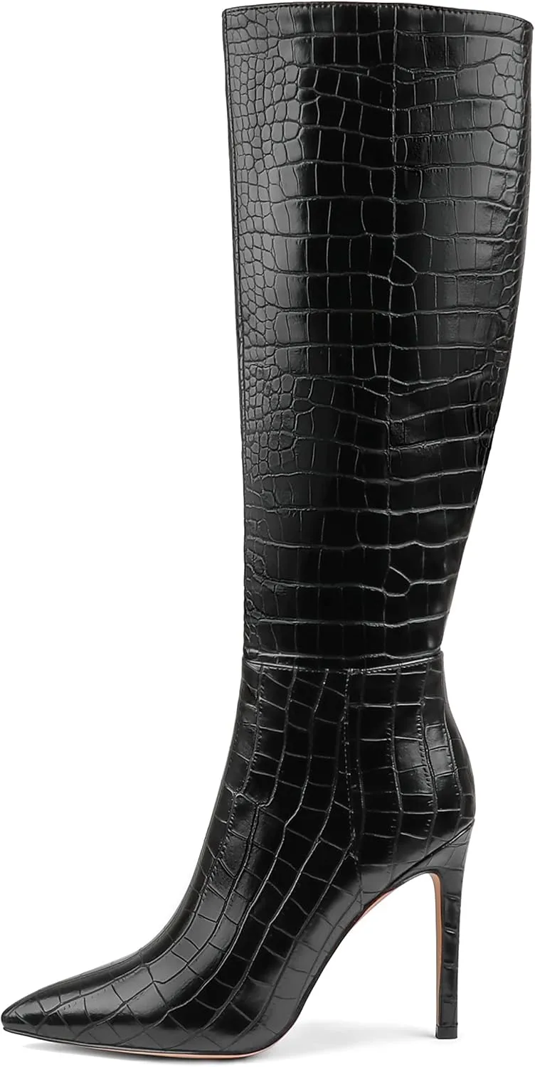 Zzheels Women's Knee High Boots Buckle Stiletto Boots Pointed Toe Side Zipper Heels Winter Party Dress Shoes